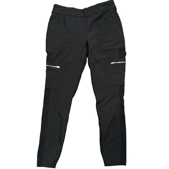 ATHLETA Black Zip Pockets Drawstring Waist Mix Fabric Pant Flat Front 15 Ins 26 - Picture 1 of 2